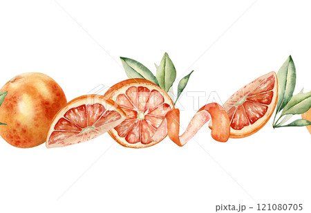 Grapefruits whole and half, orange citrus curl and leaves watercolor seamless border isolated background. Bright summer repeated texture hand drawn with segments red orange citrus fruits, swirl peel. Grapefruits whole and half, orange citrus curl and leaves watercolor seamless border isolated background. Bright summer repeated texture hand drawn with segments red orange citrus fruits, swirl peel. 121080705