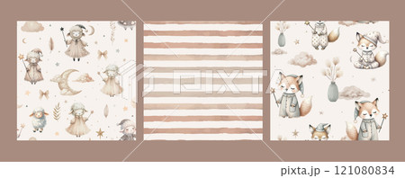 Cute watercolor nursery seamless pattern with lamb, fox, stars, moon and clouds. Hand drawn vector print and pattern. 121080834