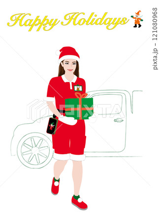 一般人モデル風の女性のサンタ姿のクリスマスカード03 宅配、配達員、トラック、タブレット 121080968