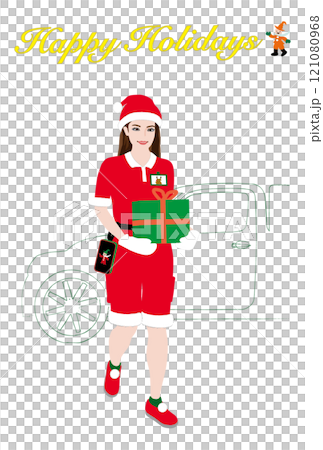 一般人モデル風の女性のサンタ姿のクリスマスカード03 宅配、配達員、トラック、タブレット 121080968