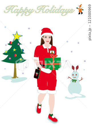 一般人モデル風の女性のサンタ姿のクリスマスカード04 宅配、配達員、タブレット、雪だるま、ツリー 121080969