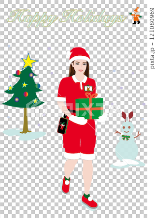 一般人モデル風の女性のサンタ姿のクリスマスカード04 宅配、配達員、タブレット、雪だるま、ツリー 121080969
