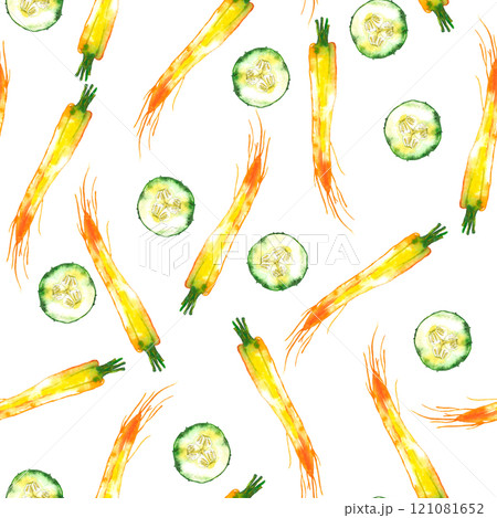 Watercolor vegetable carrot, cucumber pattern, juicy fresh. Watercolor illustration 121081652