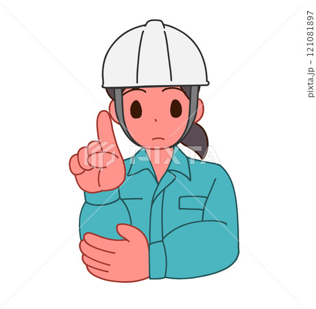 ヘルメットを被り、作業服を着た指をさすデフォルメ女性のイラスト 121081897