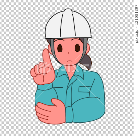 ヘルメットを被り、作業服を着た指をさすデフォルメ女性のイラスト 121081897