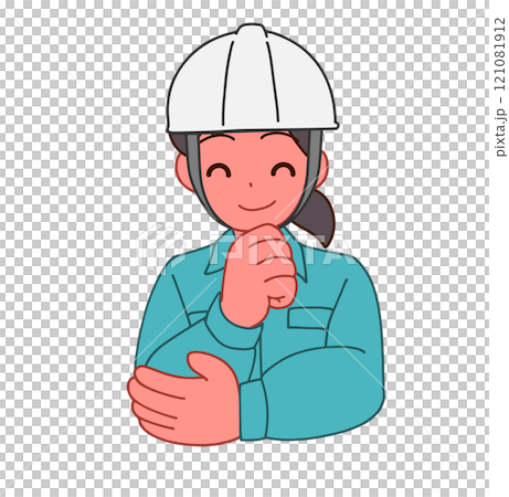Illustration of a deformed woman wearing a helmet and work clothes, smiling and thinking 121081912