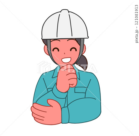 ヘルメットを被り、作業服を着た笑顔で考えるデフォルメ女性のイラスト ヘルメットを被り、作業服を着た笑顔で考えるデフォルメ女性のイラスト 121081913
