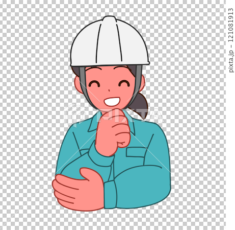 Illustration of a deformed woman wearing a helmet and work clothes, smiling and thinking 121081913