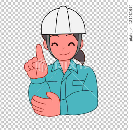 Illustration of a deformed woman wearing a helmet and work clothes pointing with a smile 121081914