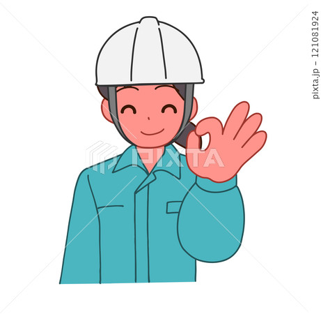 ヘルメットを被り、作業服を着たOKする笑顔のデフォルメ女性のイラスト 121081924