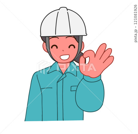 ヘルメットを被り、作業服を着たOKする笑顔のデフォルメ女性のイラスト 121081926