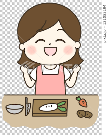 頑張るぞと気合を入れて料理をするエプロンの女性 121082194
