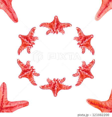 Pattern of starfish in a circle creatures underwater world in watercolor. Asterias Rubens in reddish with a central disk and five arms. The common Starfish, common Sea Star or Sugar Starfish is drawn 121082200