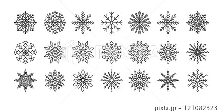 Black snowflakes vector set for winter design element. Silhouette snowflakes isolated on white background. Freeze symbol icon collection. Snow Ice crystal shape graphic. Black snowflakes vector set for winter design element. Silhouette snowflakes isolated on white background. Freeze symbol icon collection. Snow Ice crystal shape graphic. 121082323