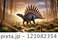 Jurassic jungle, ancient ferns, trees, dinosaur with a river 121082354
