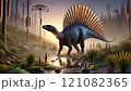 Jurassic jungle, ancient ferns, trees, dinosaur with a river 121082365
