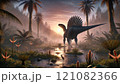 Jurassic jungle, ancient ferns, dinosaurs, trees with a river 121082366