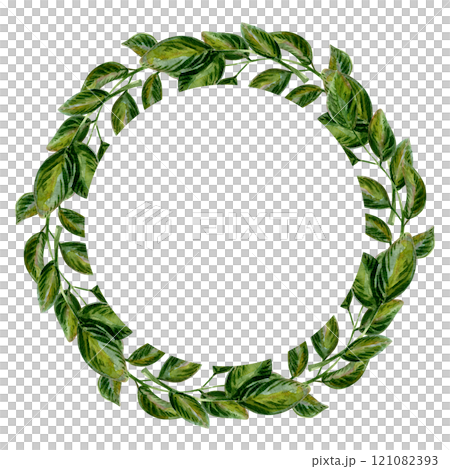 Realistic watercolor artwork of a leafy wreath, adorned with detailed textures and organic shapes. This decorative design evokes the freshness of summer and the essence of natural beauty Realistic watercolor artwork of a leafy wreath, adorned with detailed textures and organic shapes. This decorative design evokes the freshness of summer and the essence of natural beauty 121082393