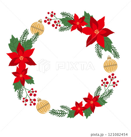 ポインセチアのクリスマスリースのイラストフレーム 121082454