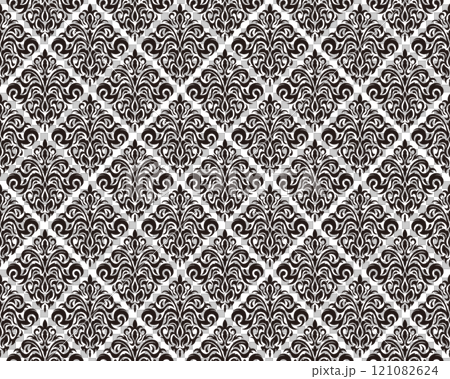 縦横両方向にシームレスな白黒のダマスクパターン 121082624