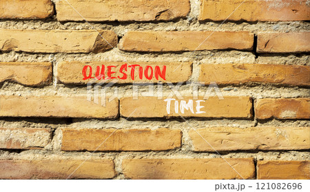 Question time symbol. Concept words Question time on beautiful brown brick wall. Beautiful brown brick wall background. Business and question time concept. Copy space. Question time symbol. Concept words Question time on beautiful brown brick wall. Beautiful brown brick wall background. Business and question time concept. Copy space. 121082696