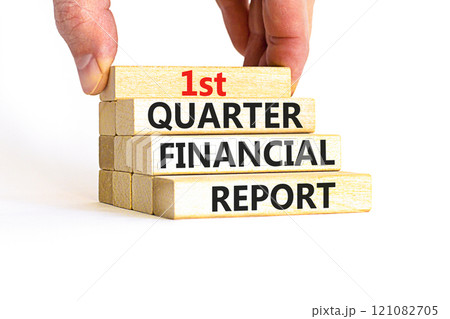 1st quarter financial report symbol. Concept words 1st quarter financial report on beautiful wooden blocks. Beautiful white background. Business 1st quarter financial report concept. Copy space. 121082705