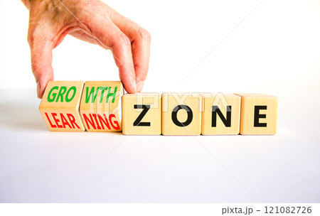 Learning or growth zone symbol. Concept words Learning zone Growth zone on wooden cubes. Beautiful white table white background. Psychologist hand. Business learning growth zone concept. Copy space. 121082726