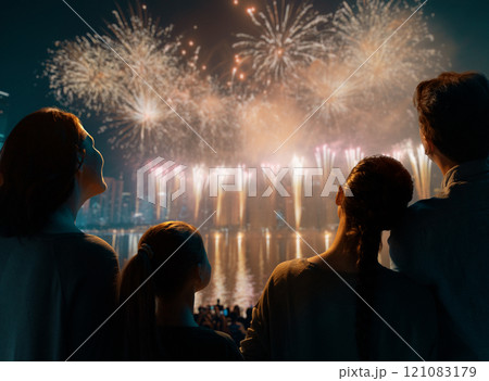family watching fireworks 121083179