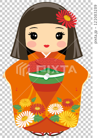 An illustration icon of a Japanese doll with wide eyes and a bob haircut wearing an orange kimono 121083289