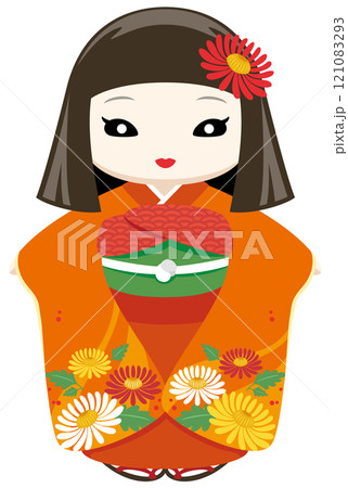 オレンジ色の着物を着た、顔色が悪くて少し怖い目のおかっぱのお菊人形のイラストアイコン 121083293