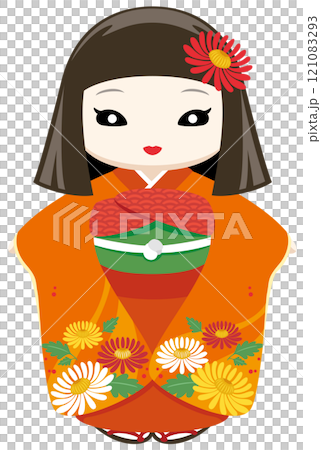 オレンジ色の着物を着た、顔色が悪くて少し怖い目のおかっぱのお菊人形のイラストアイコン 121083293