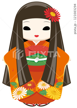 オレンジ色の着物を着た、顔色が悪くて少し怖い目の髪の伸びたお菊人形のイラストアイコン 121083294