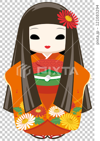 オレンジ色の着物を着た、顔色が悪くて少し怖い目の髪の伸びたお菊人形のイラストアイコン 121083294