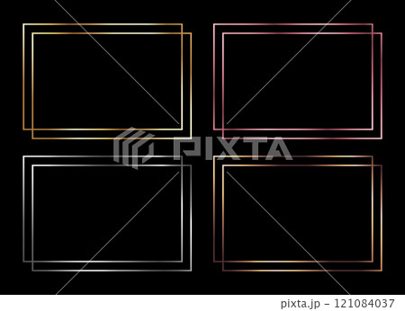 Metallic colored square frames set. Golden, silver, bronze and pink colored frame borders for invitation cards of wedding. Vector illustration 121084037