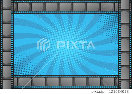 Film strip frame on pop art halftone background. Vector illustration Film strip frame on pop art halftone background. Vector illustration 121084038