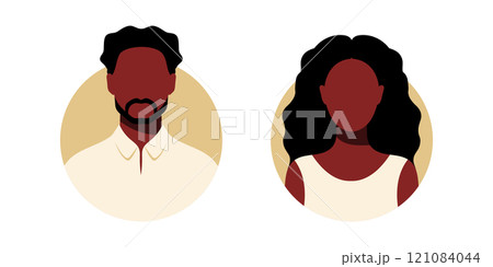 Black woman and man abstract face icons. African American female and male faceless portraits, avatars or anonymous profiles. Vector illustration 121084044