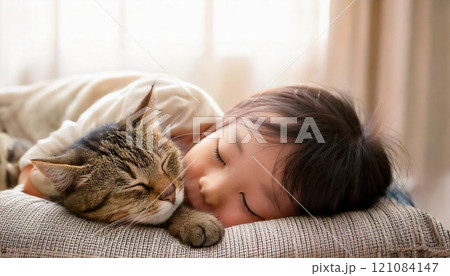 猫と一緒に寝る子供(AI生成画像) 猫と一緒に寝る子供(AI生成画像) 121084147