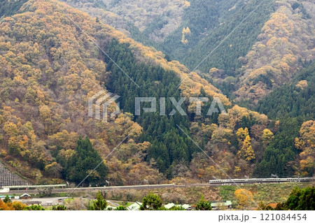 西武秩父線「芦ヶ久保付近を走るラビュー」山々背景に 121084454