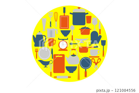 キッチンアイテム円形背景D05 黄色ベース オレンジ 紺 灰色 キッチンアイテム円形背景D05 黄色ベース オレンジ 紺 灰色 121084556