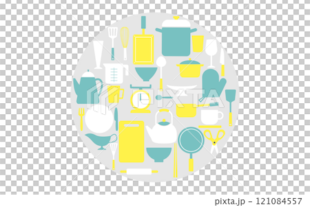 Kitchen item circular background D06 Gray base Yellow Blue White 121084557
