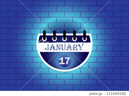 January 17 calendar sign on blue neon brick wall background 121084588