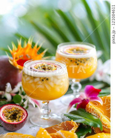 Two tropical drinks with colorful straws 121084611