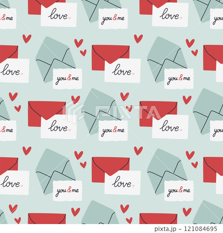 Envelope seamless pattern. Valentines day mail. Simple opened and closed envelopes, decorated with hearts. Holiday background for wrapping, textile Envelope seamless pattern. Valentines day mail. Simple opened and closed envelopes, decorated with hearts. Holiday background for wrapping, textile 121084695