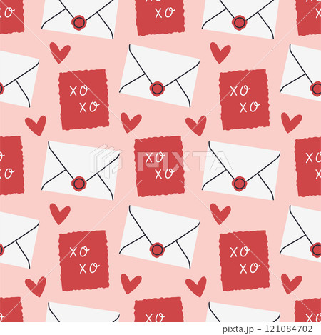 Envelope seamless pattern. Valentines day mail. Simple opened and closed envelopes, decorated with hearts. Holiday background for wrapping, textile Envelope seamless pattern. Valentines day mail. Simple opened and closed envelopes, decorated with hearts. Holiday background for wrapping, textile 121084702