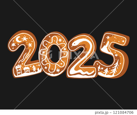 Festive Happy 2025 New Year gingerbread cookies with icing. Isolated vector illustration 121084706