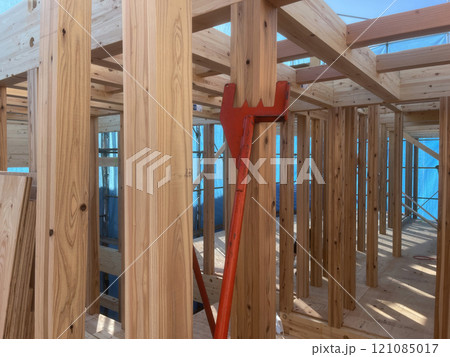 Construction of a House, older for wooden beams, Building a new house in Japan Construction of a House, older for wooden beams, Building a new house in Japan 121085017