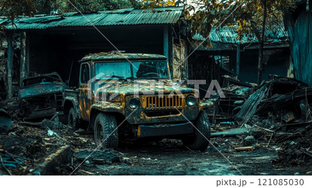 Abandoned rusty military vehicle parked near destroyed building Abandoned rusty military vehicle parked near destroyed building 121085030