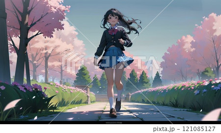 春の公園を歩く女子高生 121085127
