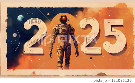 砂漠に降り立った一人の人間。宇宙服を着ている。背景には2025という文字がある 121085129