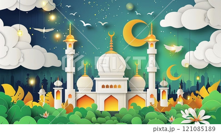 Mosque building paper cut layer style Ramadan greeting card celebration and decoration, blue and white color 121085189